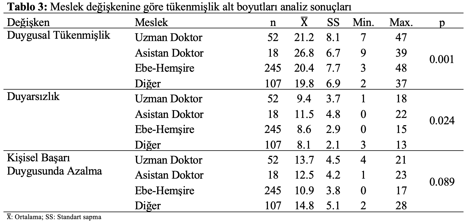 istatistik analiz meslek tükenmişlik