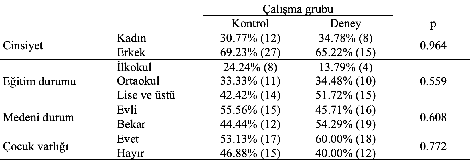 çalışma grubu demografik karşılaştırma